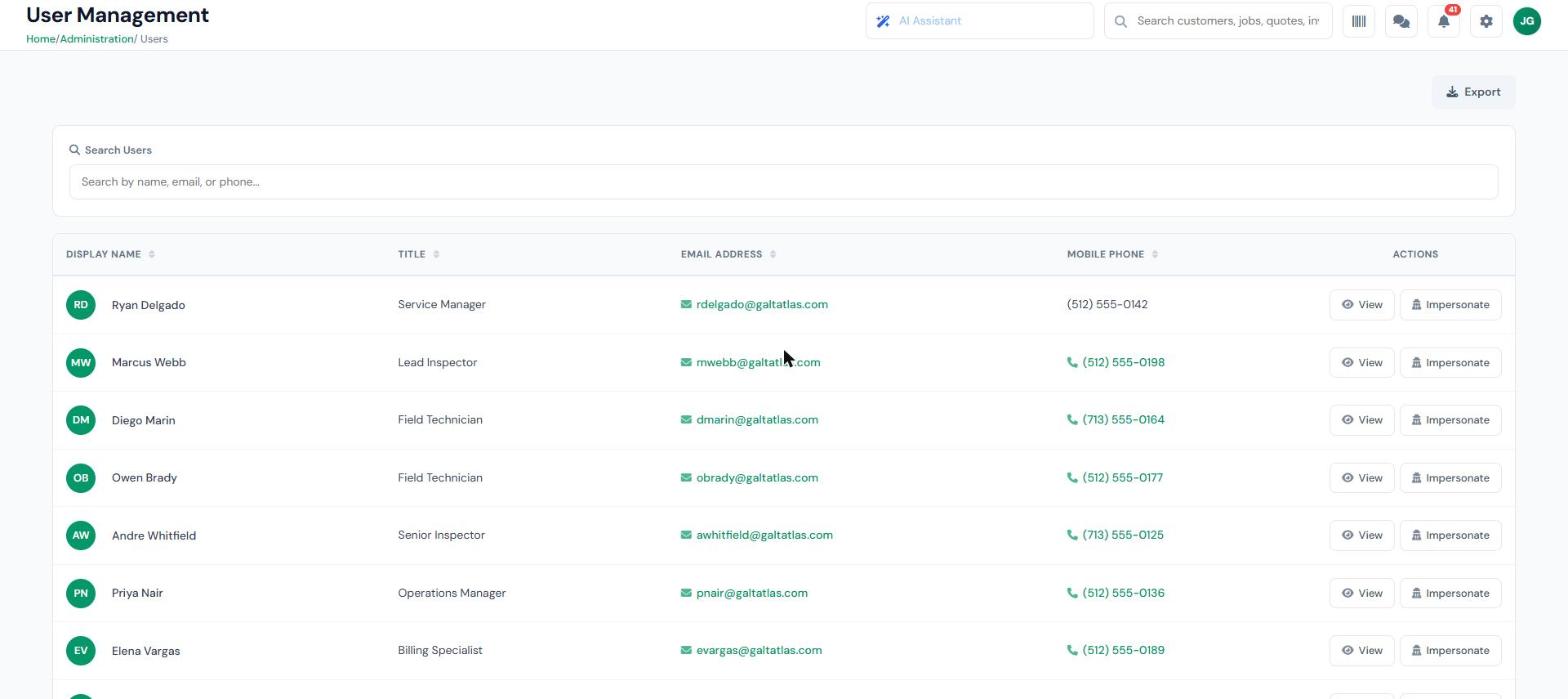 InspectSync administration user management showing team members with roles, titles, email addresses, and mobile numbers