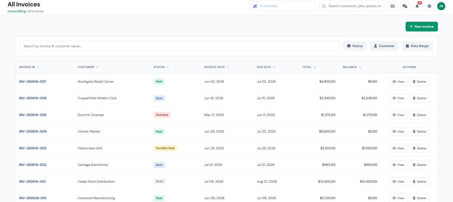 InspectSync billing and invoicing showing invoices by status including paid, sent, overdue, and partially paid with balances and due dates