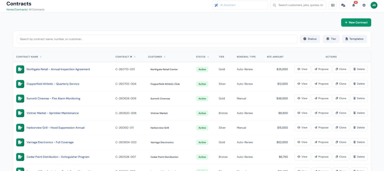 InspectSync contract management showing recurring fire protection agreements with status, service tier, renewal type, and not-to-exceed amounts