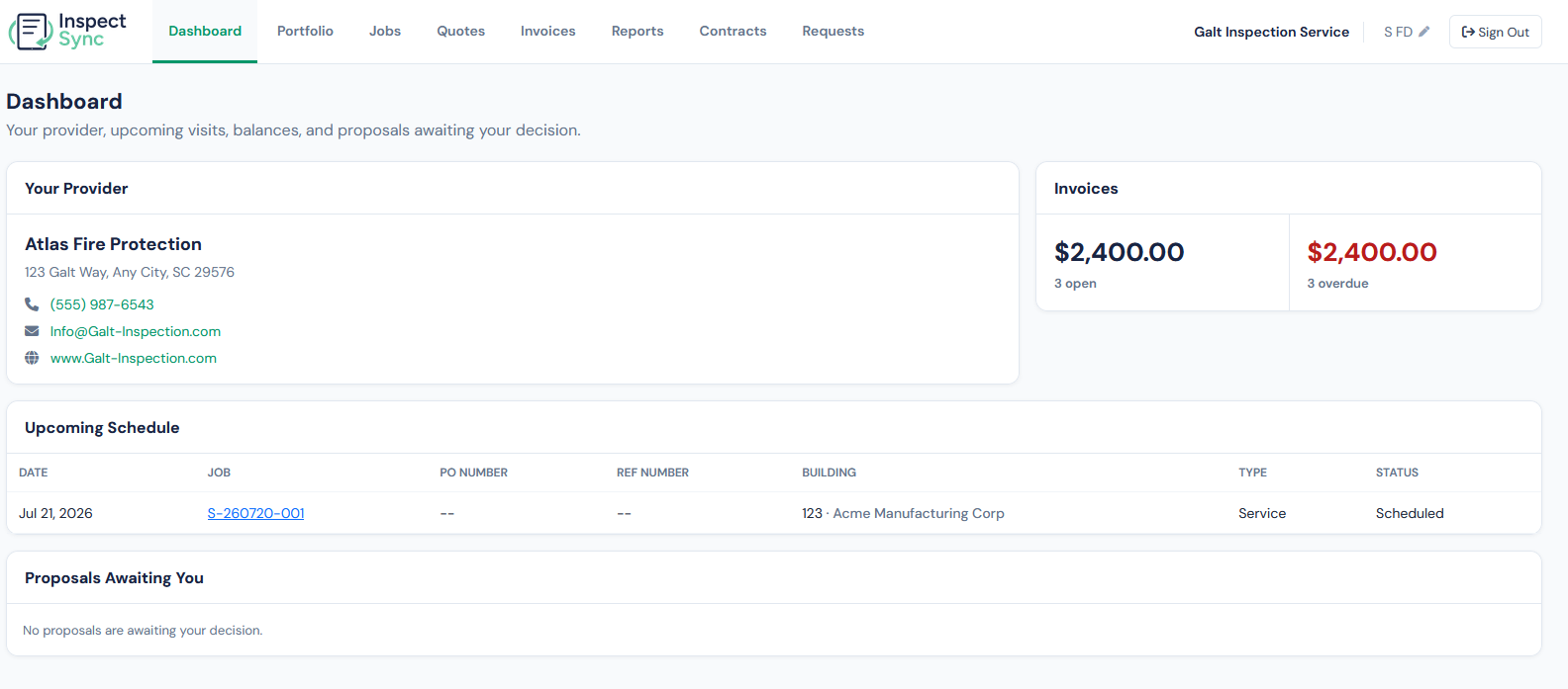 InspectSync customer portal dashboard showing the customer's fire protection provider, open and overdue invoice balances, upcoming scheduled service visits, and proposals awaiting approval