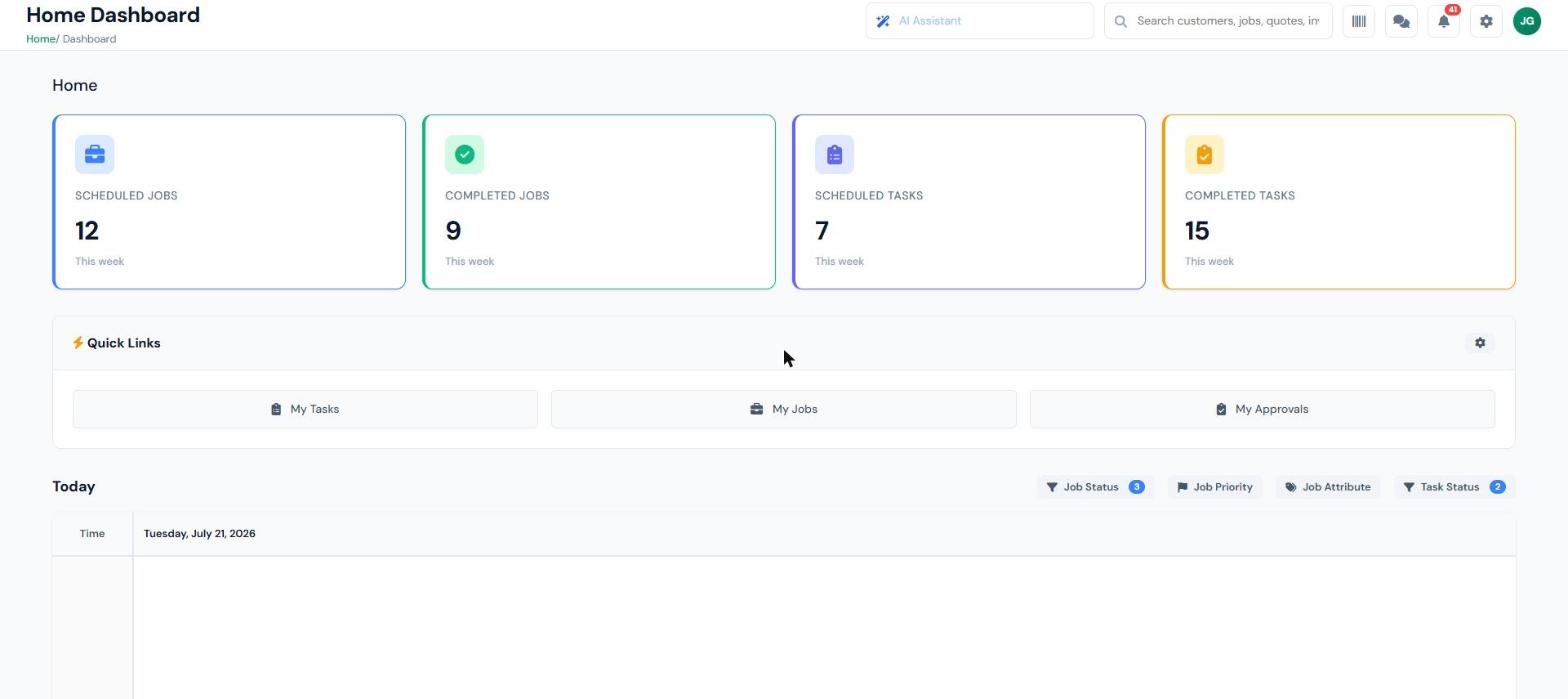 InspectSync home dashboard showing scheduled and completed jobs and tasks for the week, quick links, and today's schedule