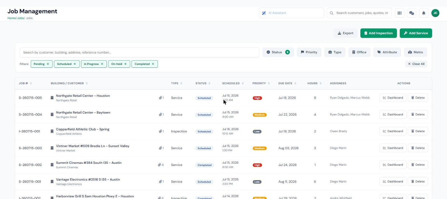 InspectSync job management board showing fire inspection and service jobs with status, schedule, priority, hours, and assigned technicians