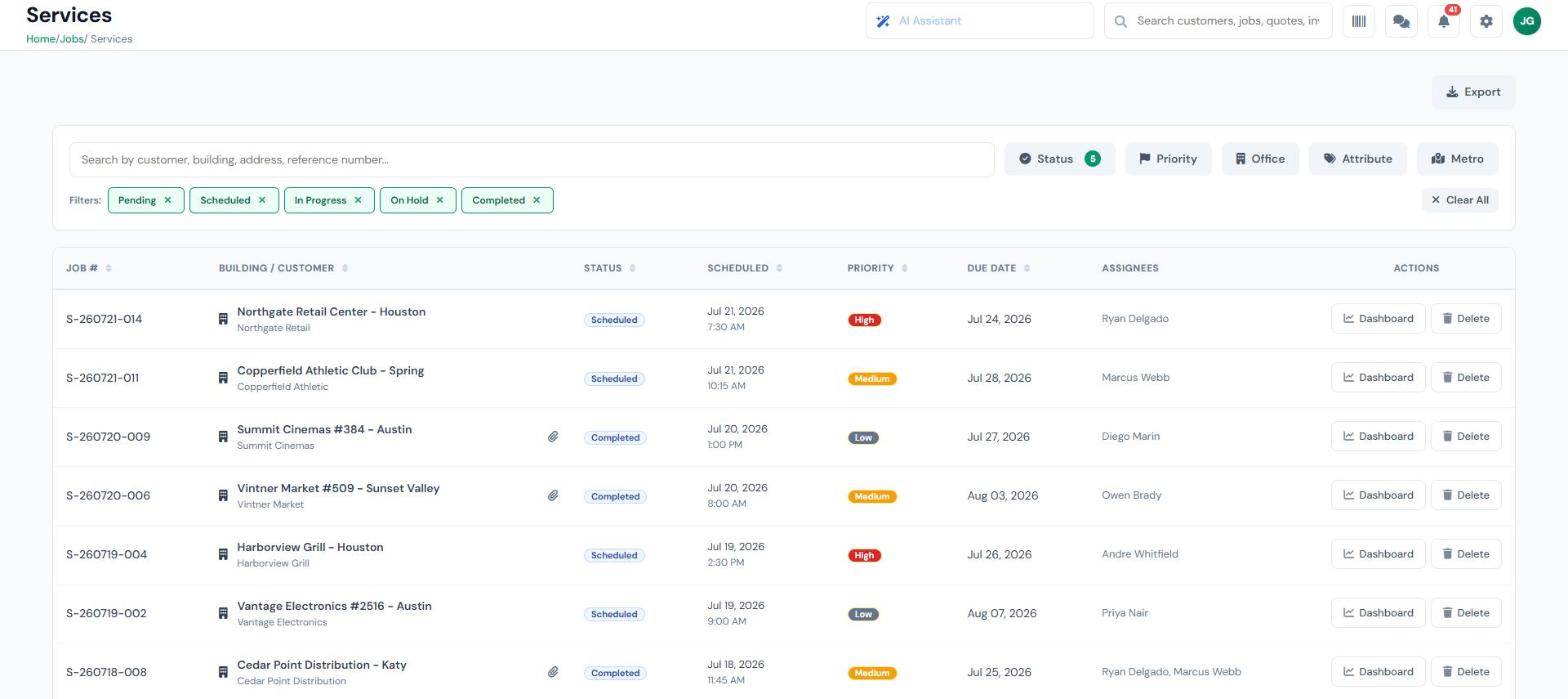 InspectSync service call management showing scheduled and completed fire protection service jobs with priority, due dates, and assigned technicians