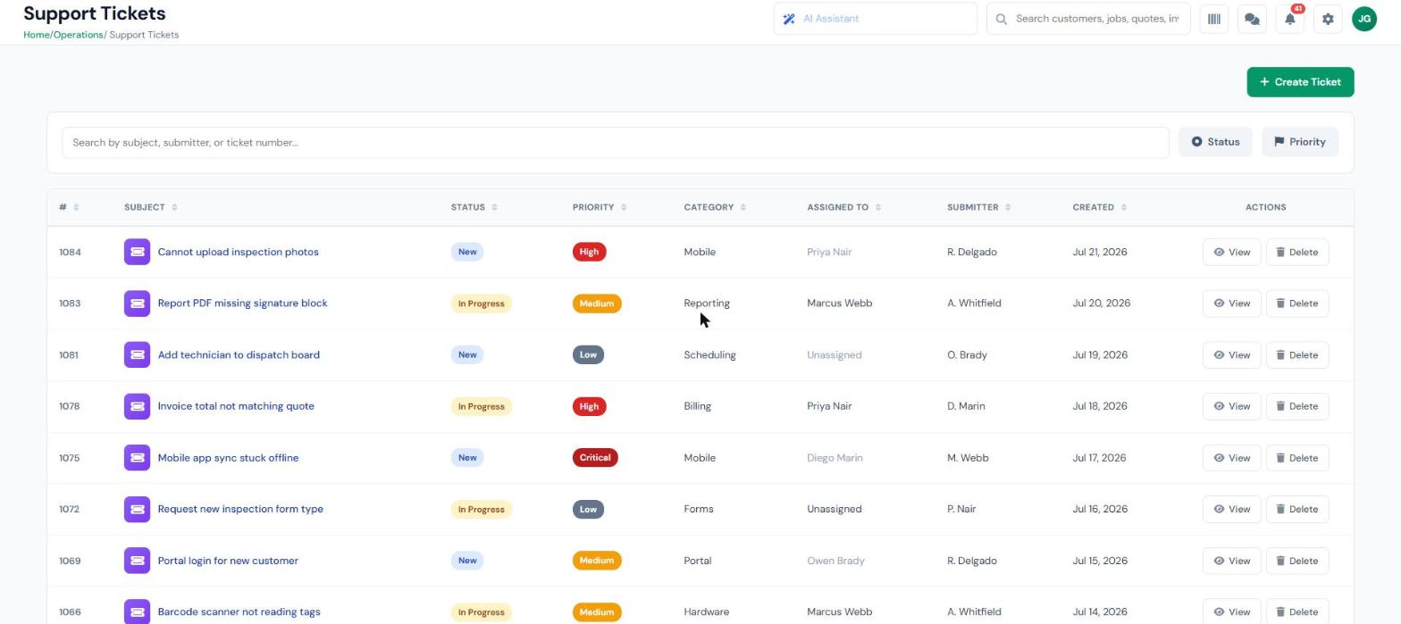 InspectSync support ticket queue showing issues by status, priority, and category with assigned owner and submitter