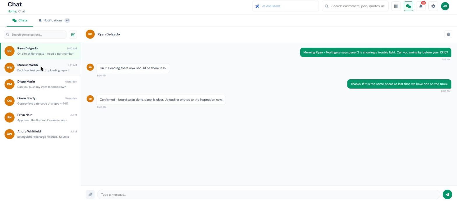 InspectSync team communications showing the conversation list and a message thread between the office and a field technician about a job in progress