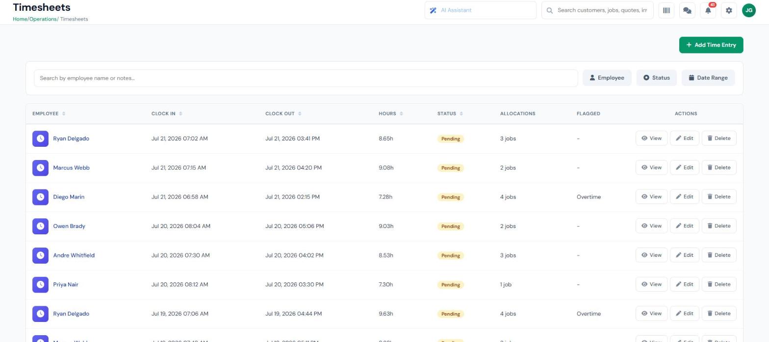 InspectSync timesheets showing technician clock-in and clock-out entries, hours worked, job allocations, and overtime flags awaiting approval